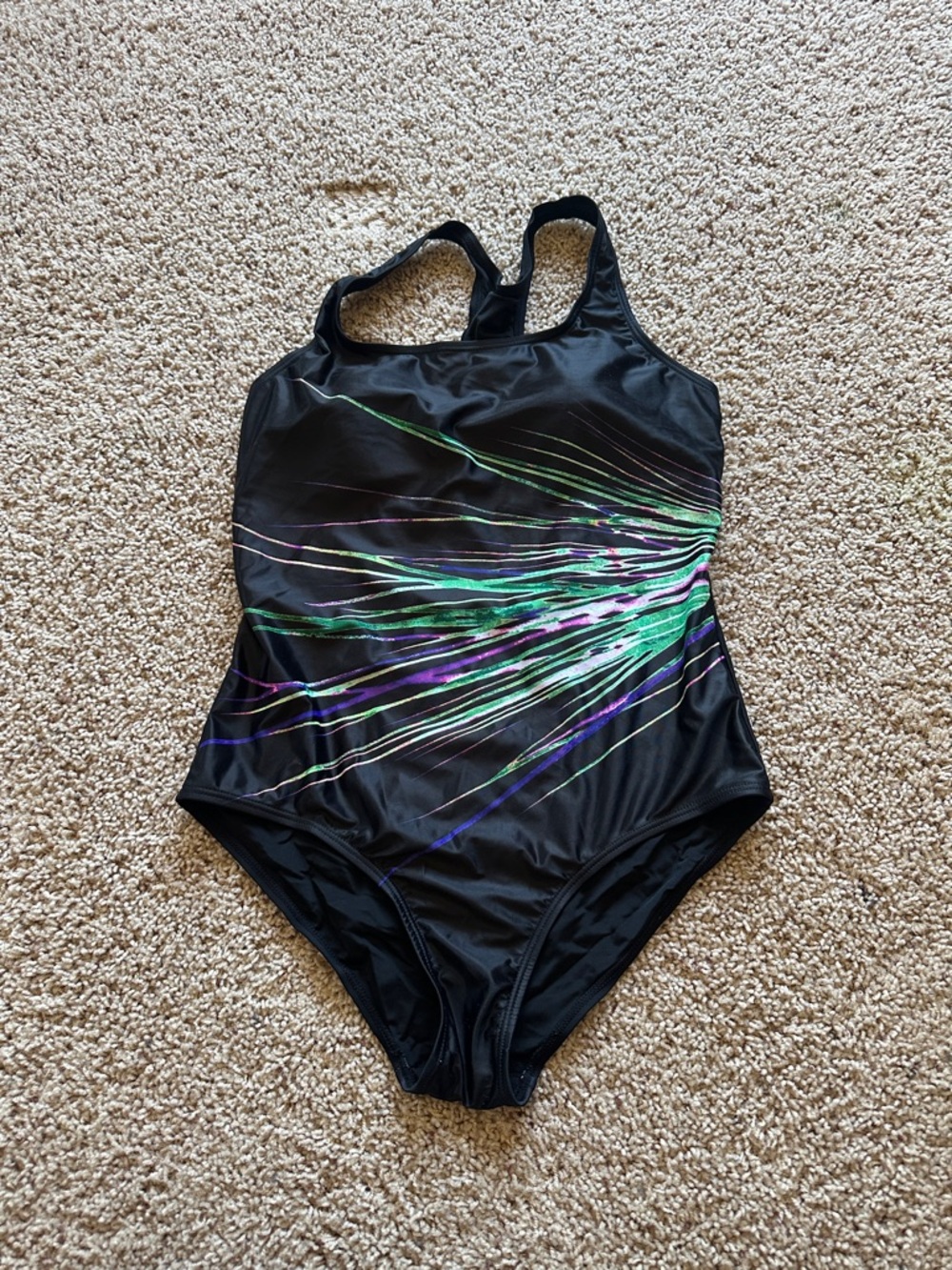 Black One-Piece Swimsuit with Green & Purple Burst